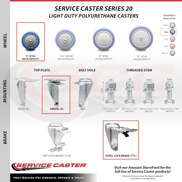 3 Inch Blue Polyurethane Swivel Top Plate Caster Set with Total Lock Brake SCC
